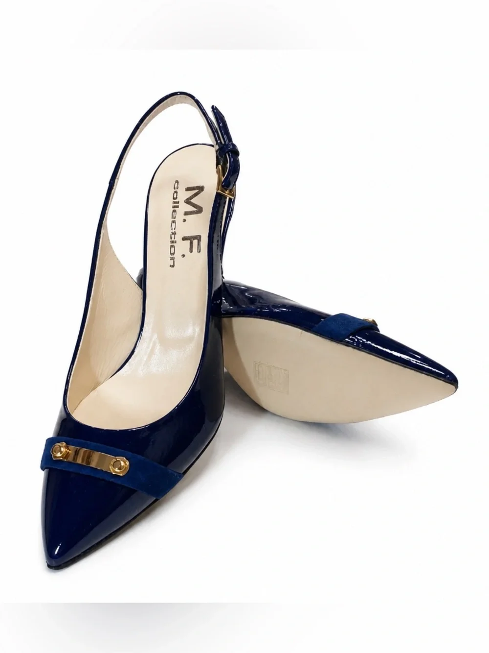 M. F. Collection Women’sNavy Patent Pointed-Toe Slingback Heels with Gold Accent